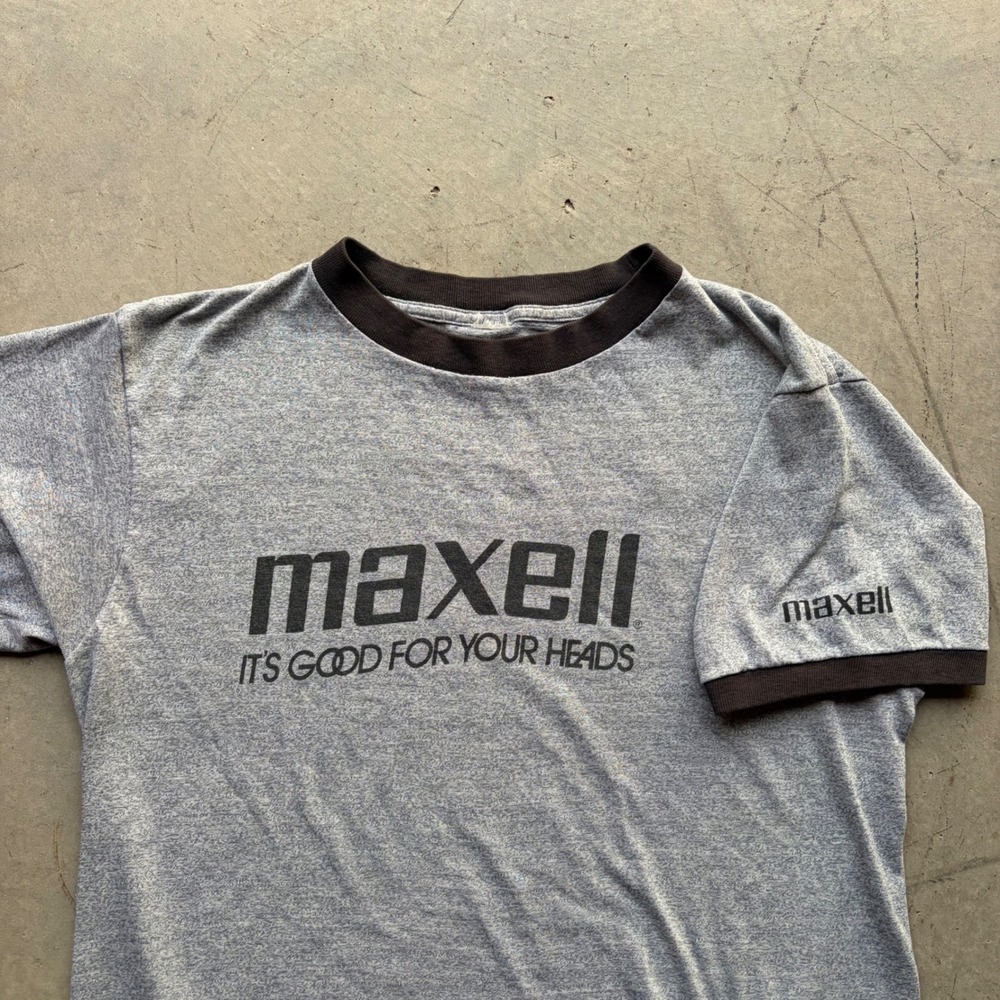Vintage 80s Maxell Its Good For Your Heads Ringer T-Shirt Gray Medium